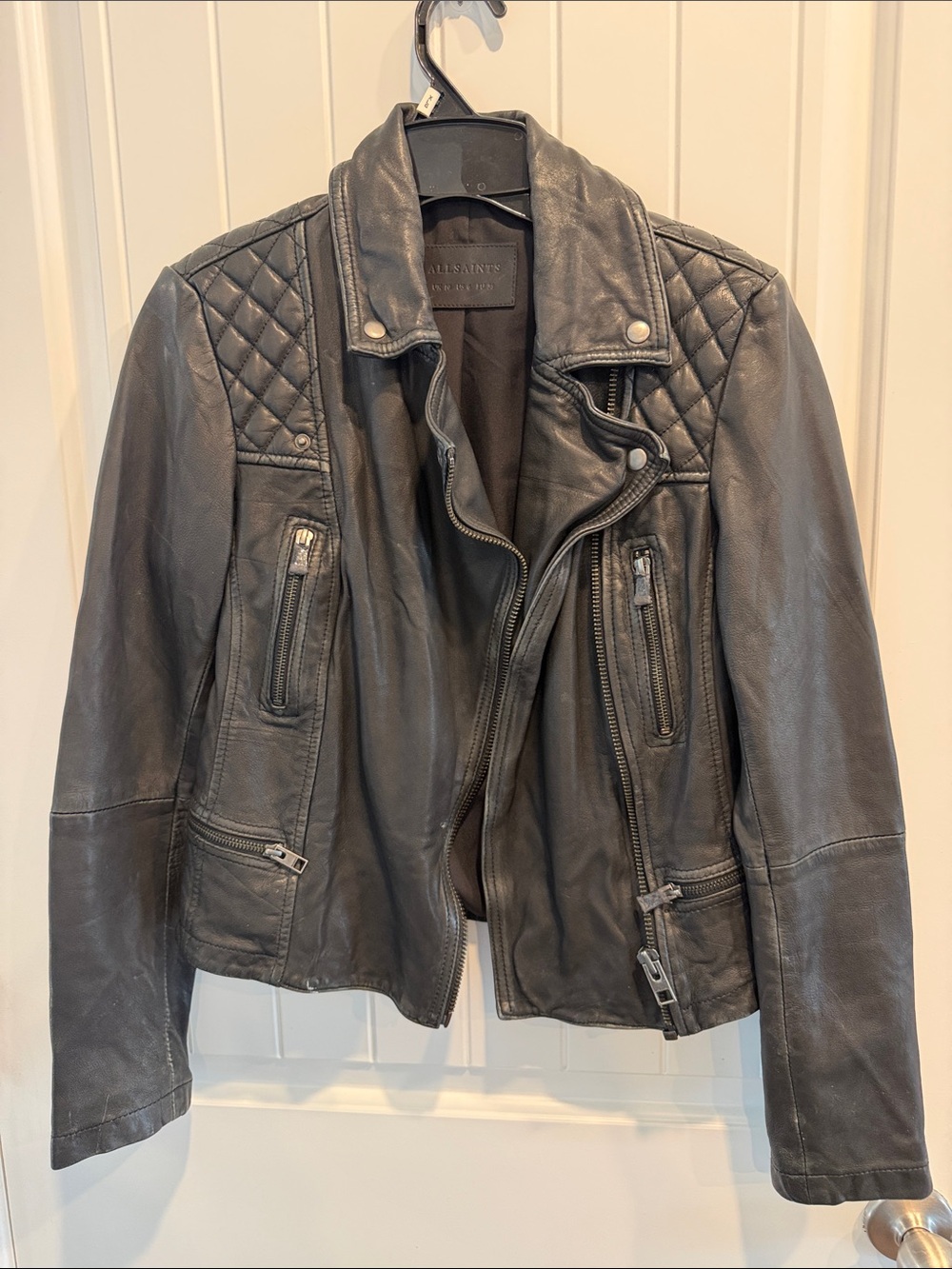 All Saints Black Quilted Shoulder Leather Biker Jacket